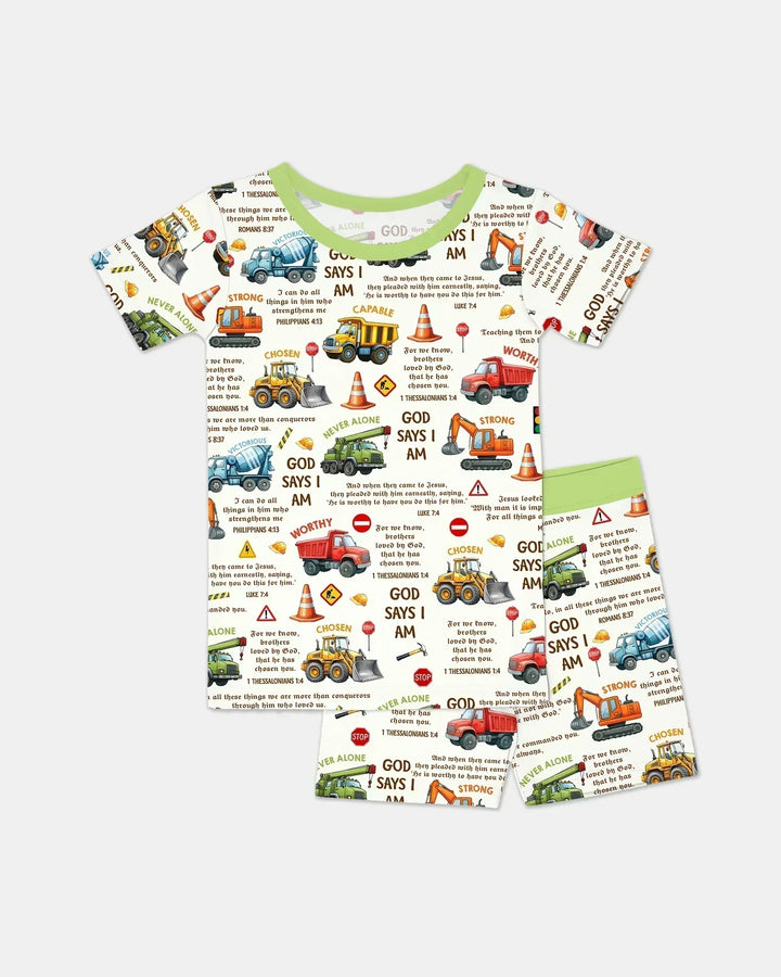 Bible Verse Construction Trucks Bamboo Two Piece Short Sleeve Shorts Pajama Set