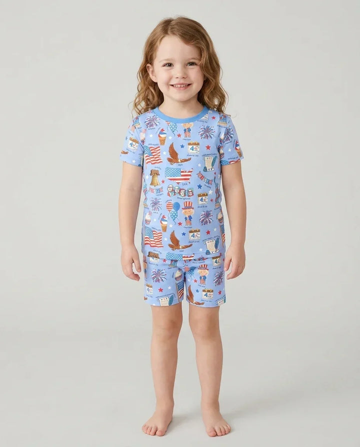 Hand Drawn Patriotic Iconic Bamboo Two Piece Short Sleeve Shorts Pajama Set