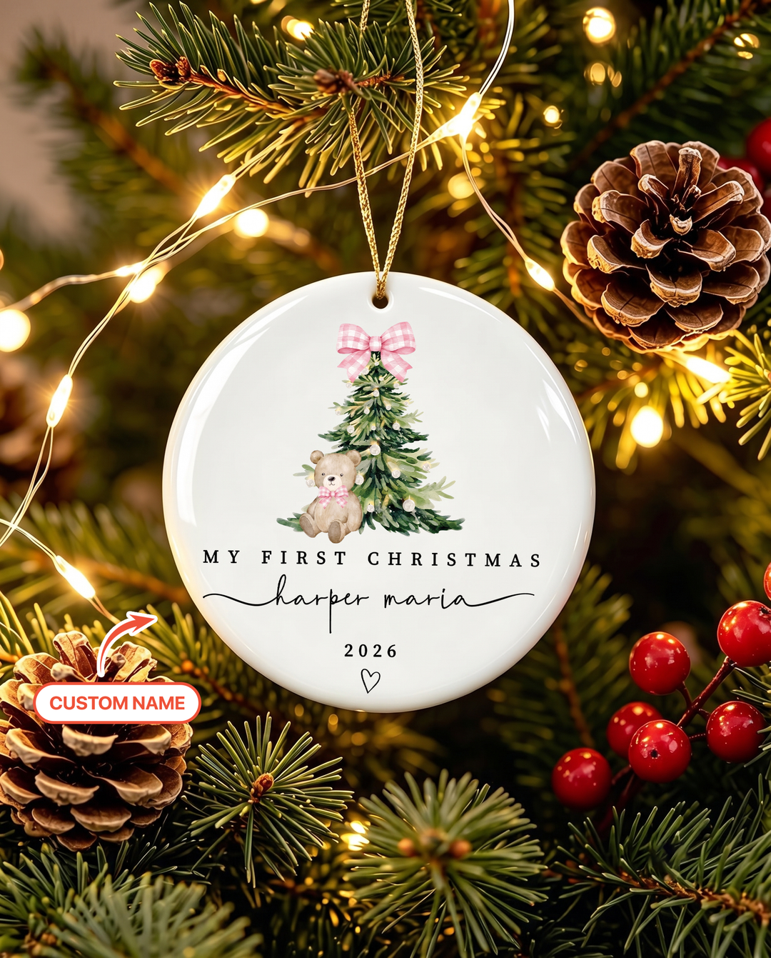 Custom Name First Christmas Teddy Bear Ceramic Ornament