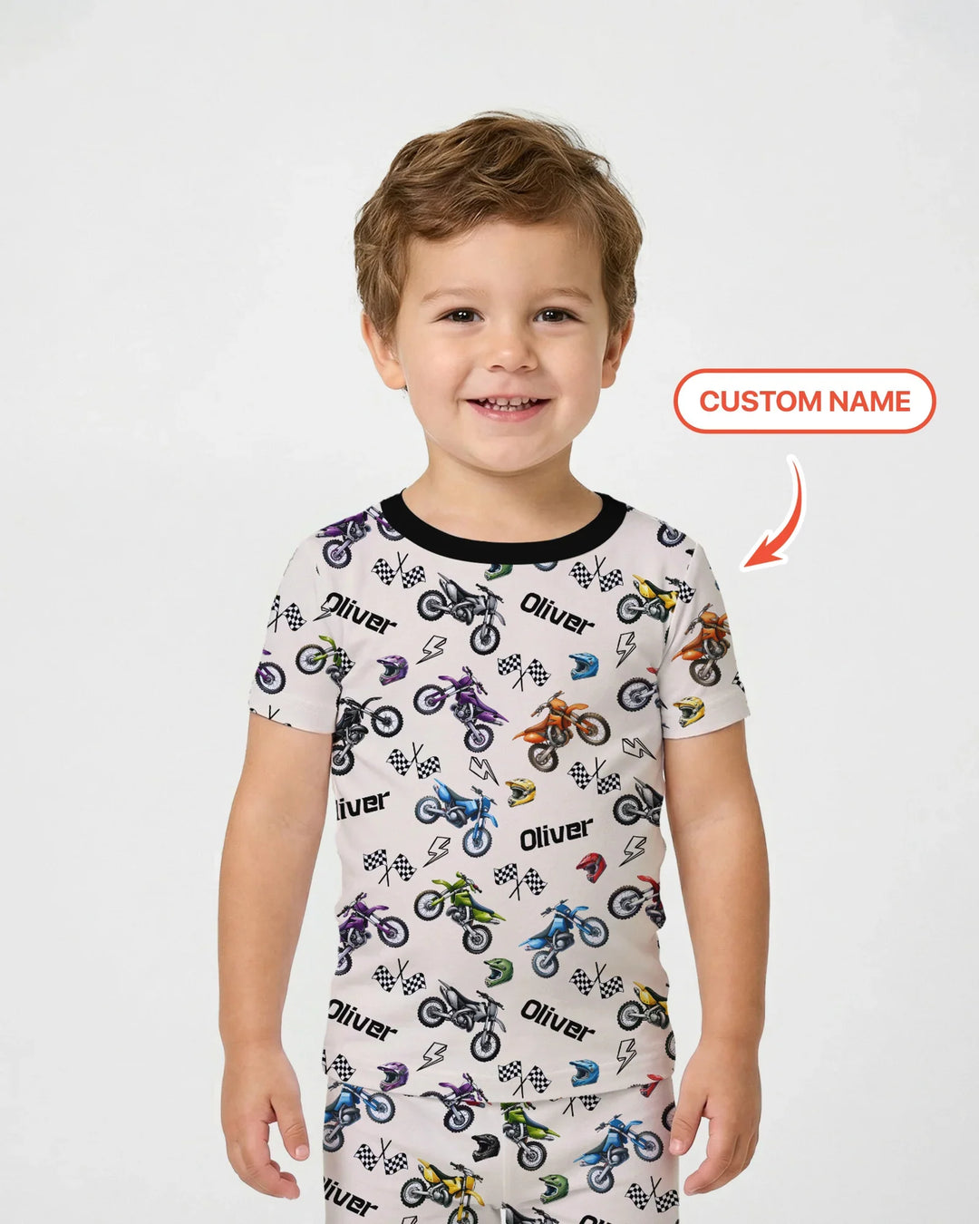 Custom Name Little Dirt Bike Rider Bamboo Two Piece Short Sleeve Pajama Set
