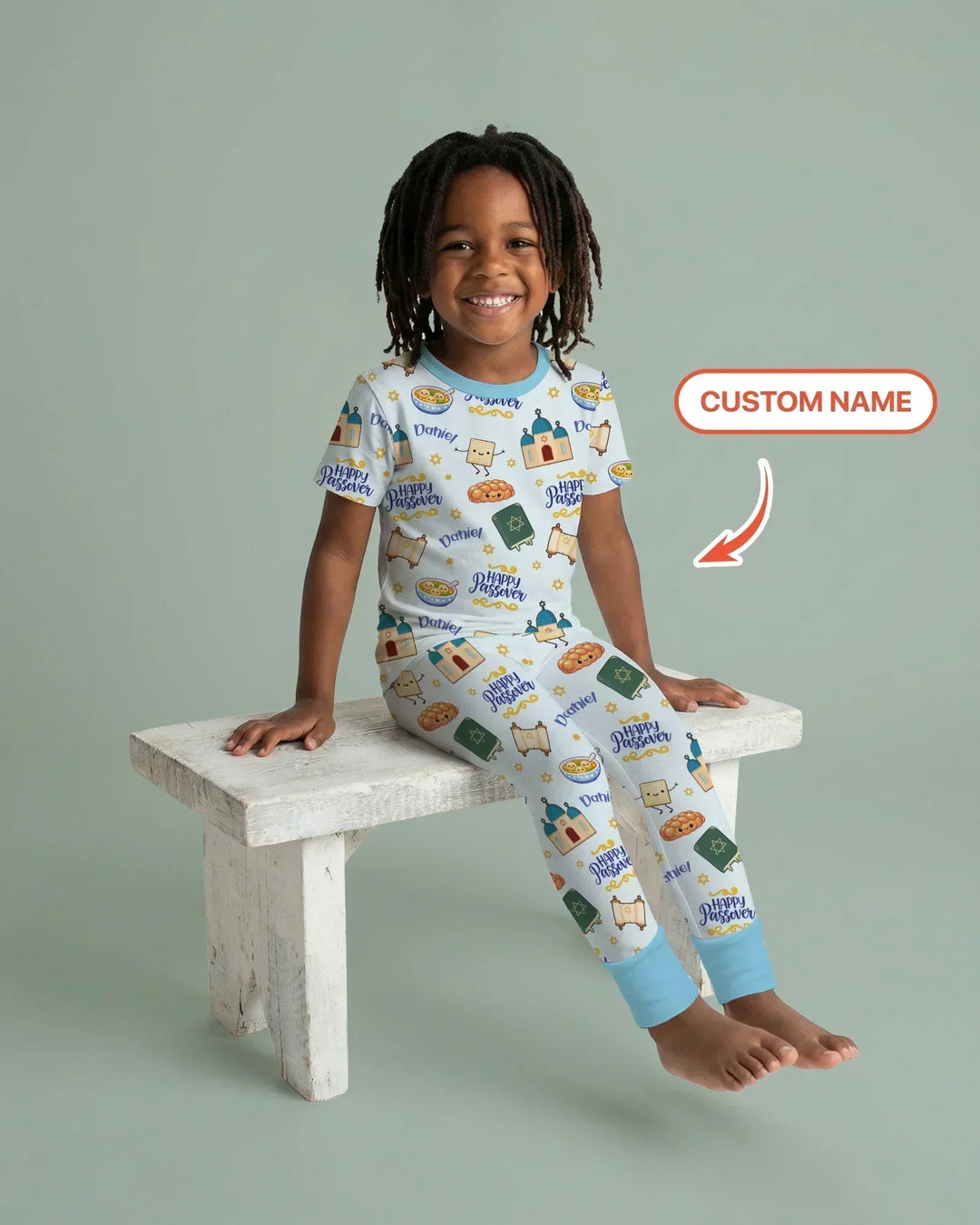 Custom name "Pesach Sameach" Bamboo Two Piece Short Sleeve Pajama Set