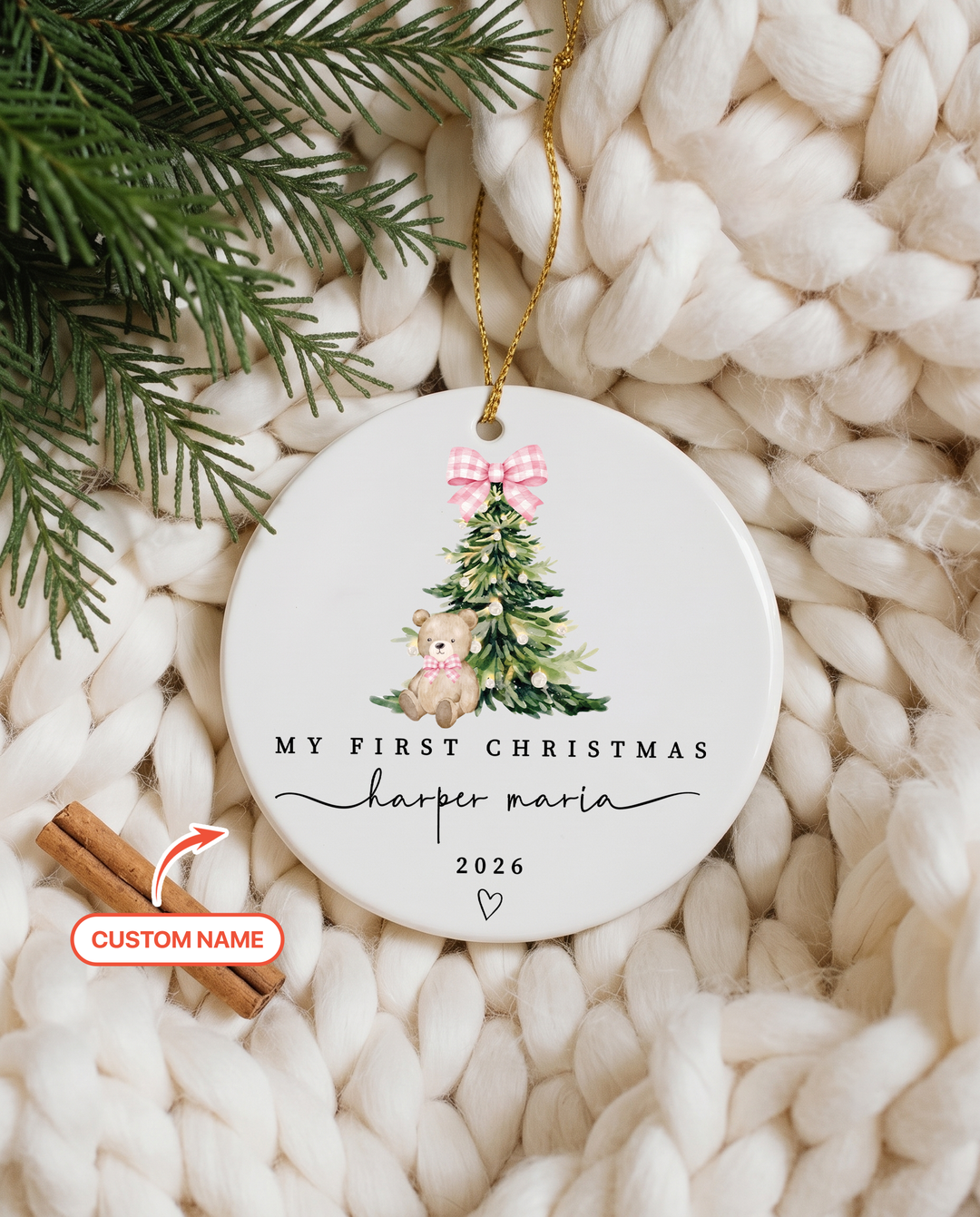 Custom Name First Christmas Teddy Bear Ceramic Ornament