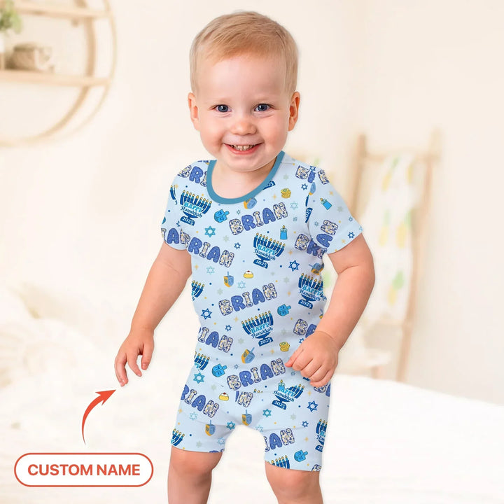 Custom name Happy Hanukkah 2025 Bamboo Two Piece Short Sleeve Shorts Pajama Set
