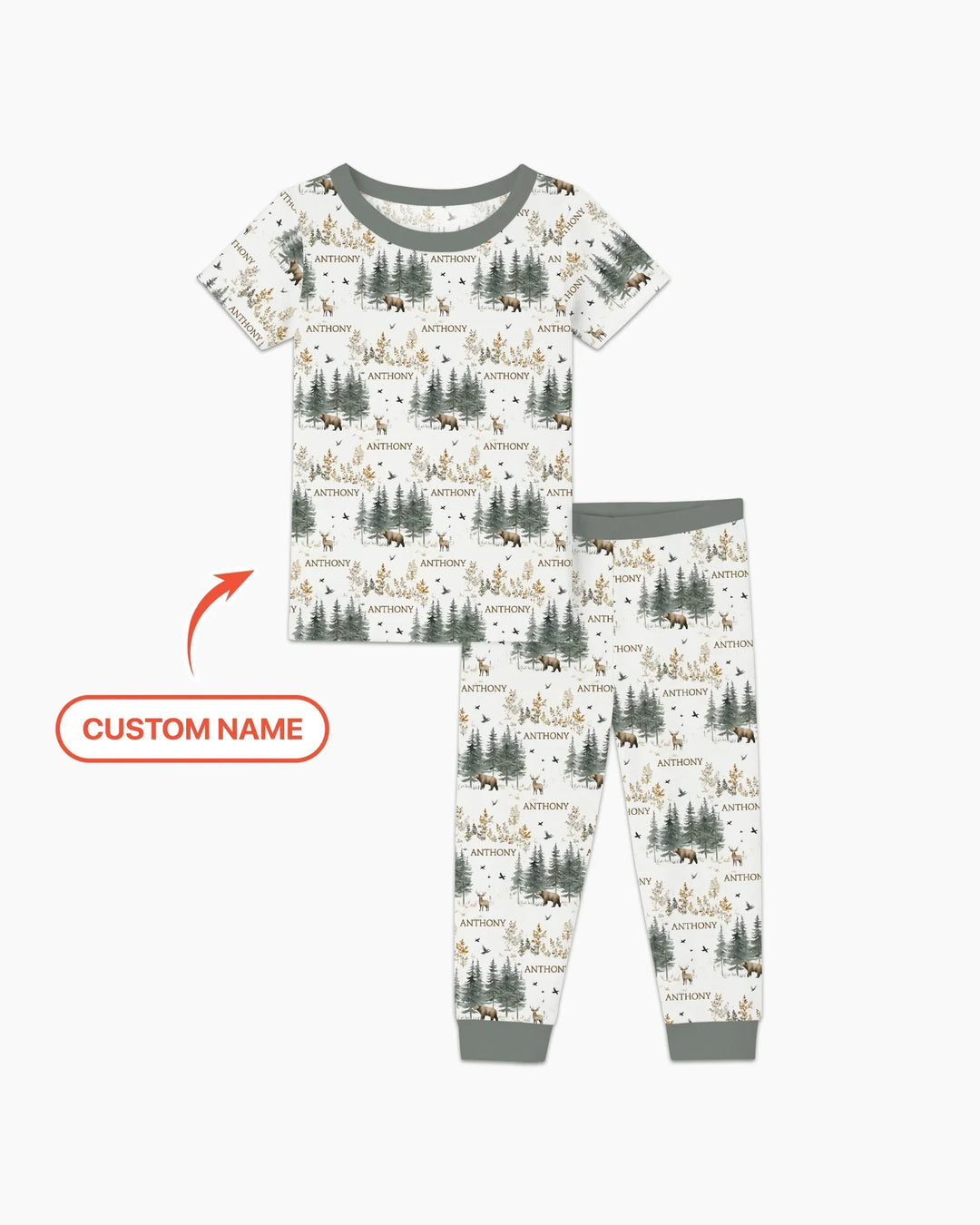 Custom Name Forest Bear Deer Bamboo Two Piece Short Sleeve Pajama Set