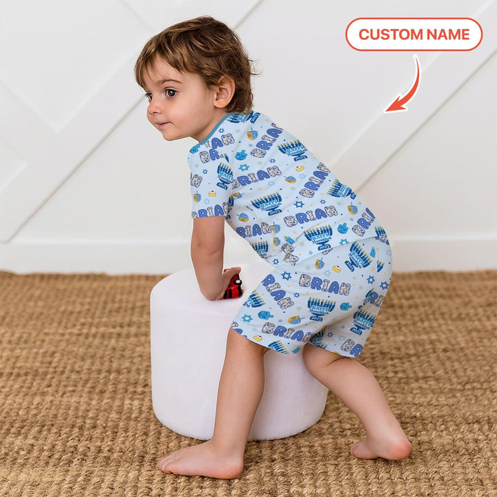 Custom name Happy Hanukkah 2025 Bamboo Two Piece Short Sleeve Shorts Pajama Set