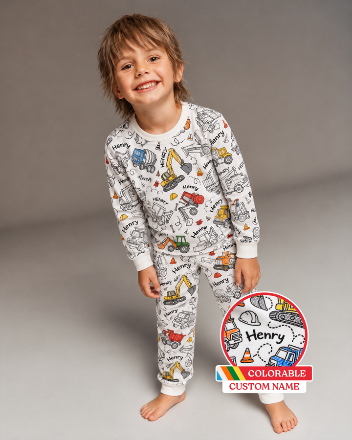 Construction Vehicules Custom Name Colorable Bamboo Two Piece Long Sleeve Pajama Set