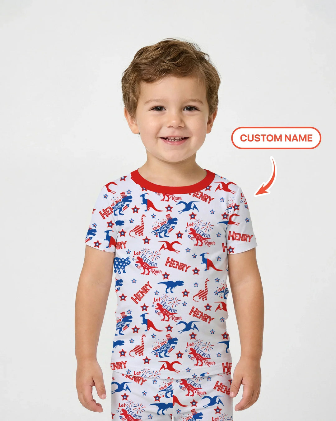 Custom Name Patriotic Dinosaur Bamboo Two Piece Short Sleeve Pajama Set