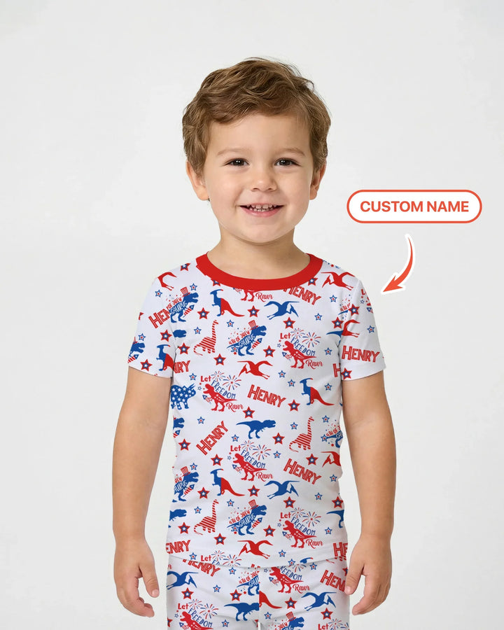 Custom Name Patriotic Dinosaur Bamboo Two Piece Short Sleeve Pajama Set