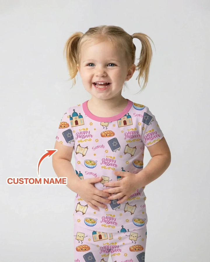Custom name "Pesach Sameach" Bamboo Two Piece Short Sleeve Pajama Set
