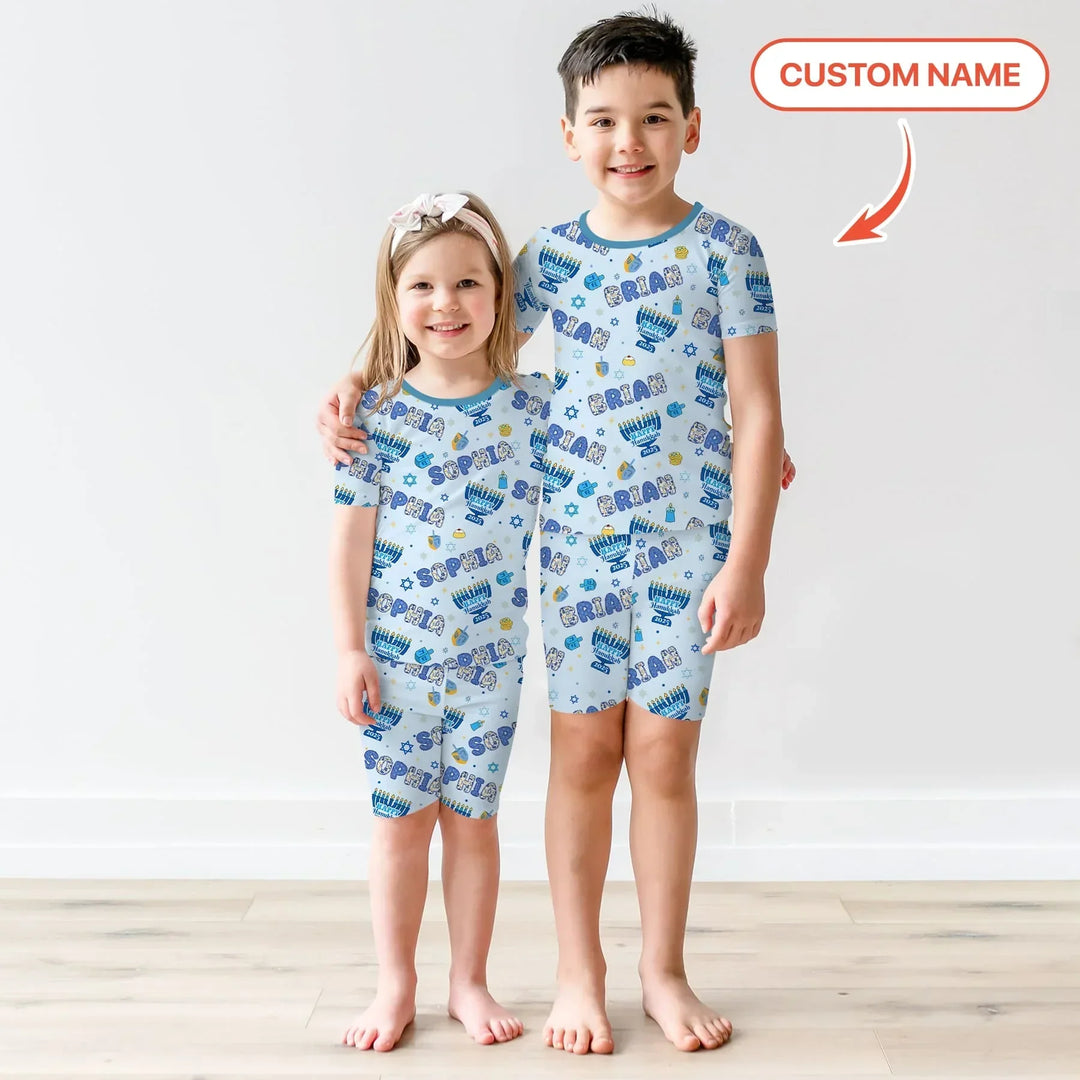 Custom name Happy Hanukkah 2025 Bamboo Two Piece Short Sleeve Shorts Pajama Set
