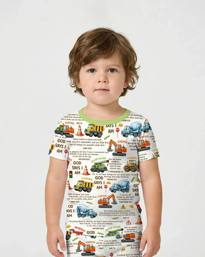 Bible Verse Construction Trucks Bamboo Two Piece Short Sleeve Shorts Pajama Set