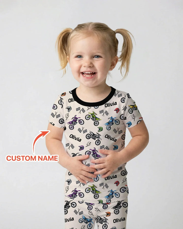 Custom Name Little Dirt Bike Rider Bamboo Two Piece Short Sleeve Pajama Set