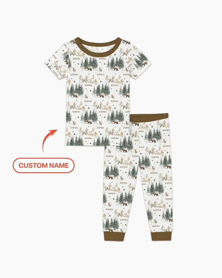Custom Name Forest Bear Deer Bamboo Two Piece Short Sleeve Pajama Set