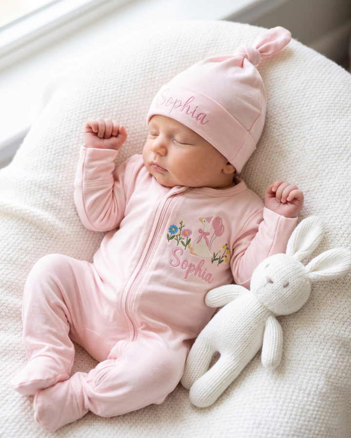 Custom Name Sweet Duckling Garden Embroidered Bamboo Zipper Footie