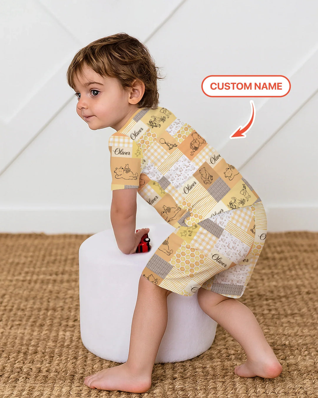 Personalized Classic Bear Patchwork  Bamboo Two Piece Short Sleeve Shorts Pajama Set