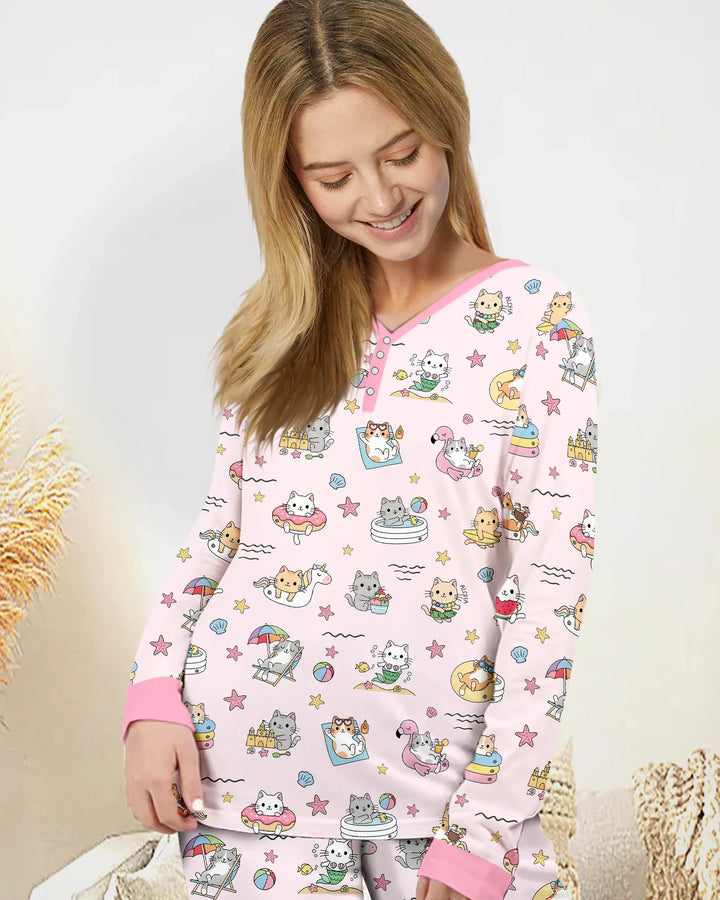 Kawaii Cats Summer Vacation Bamboo Women Pajama Set