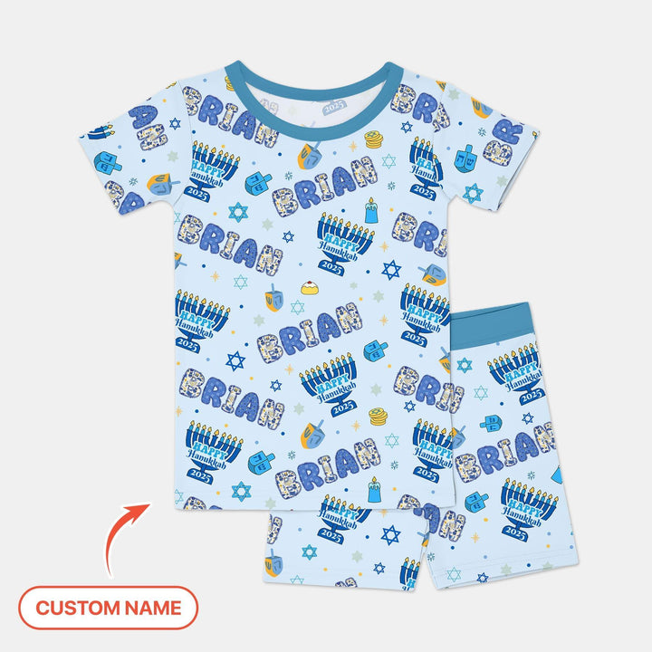 Custom name Happy Hanukkah 2025 Bamboo Two Piece Short Sleeve Shorts Pajama Set