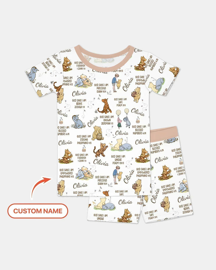 Custom Name God Says I Am Classic Bear Bamboo Two Piece Short Sleeve Shorts Pajama Set
