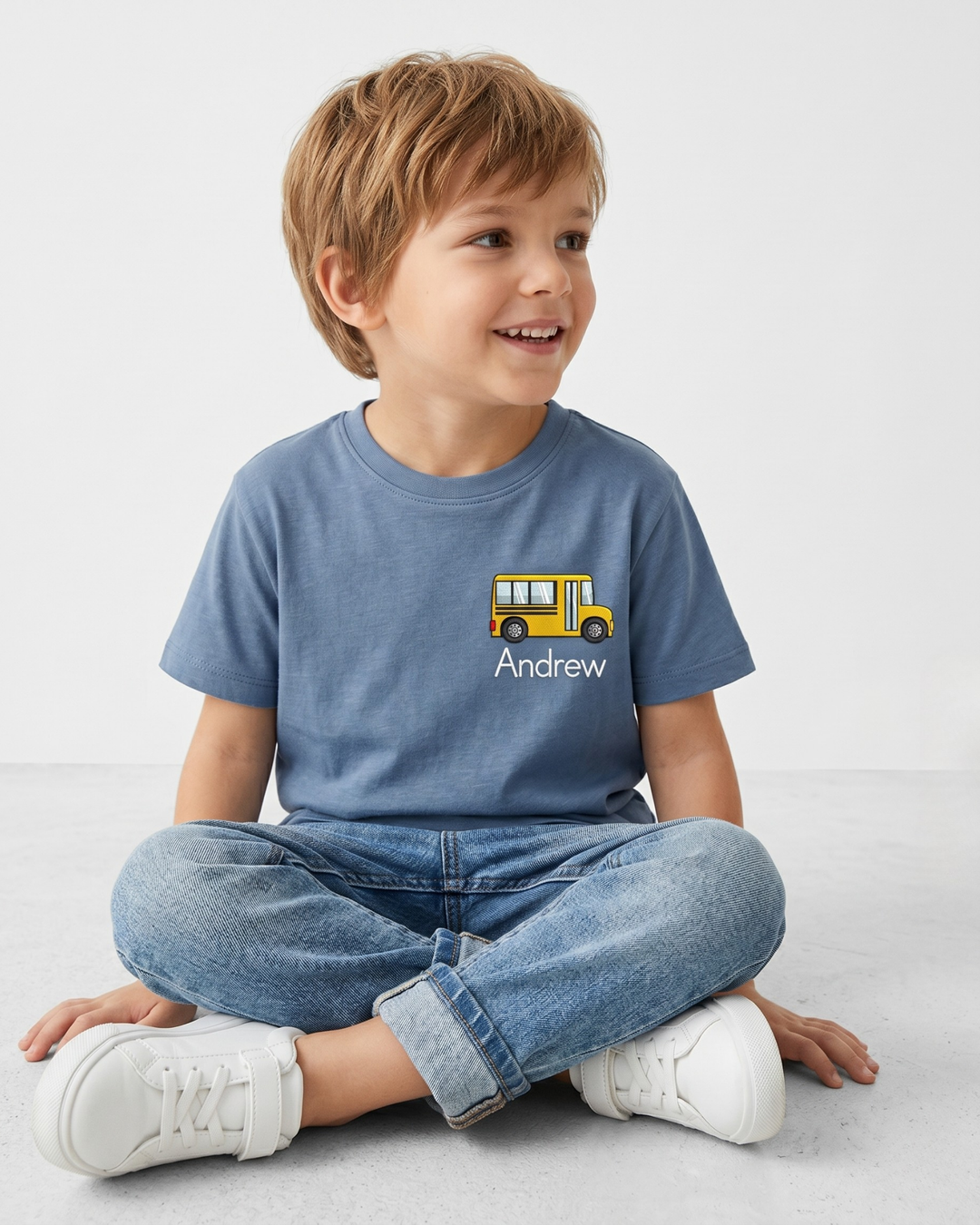 Custom Name School Bus Embroidered  Bamboo Crewneck T-Shirt