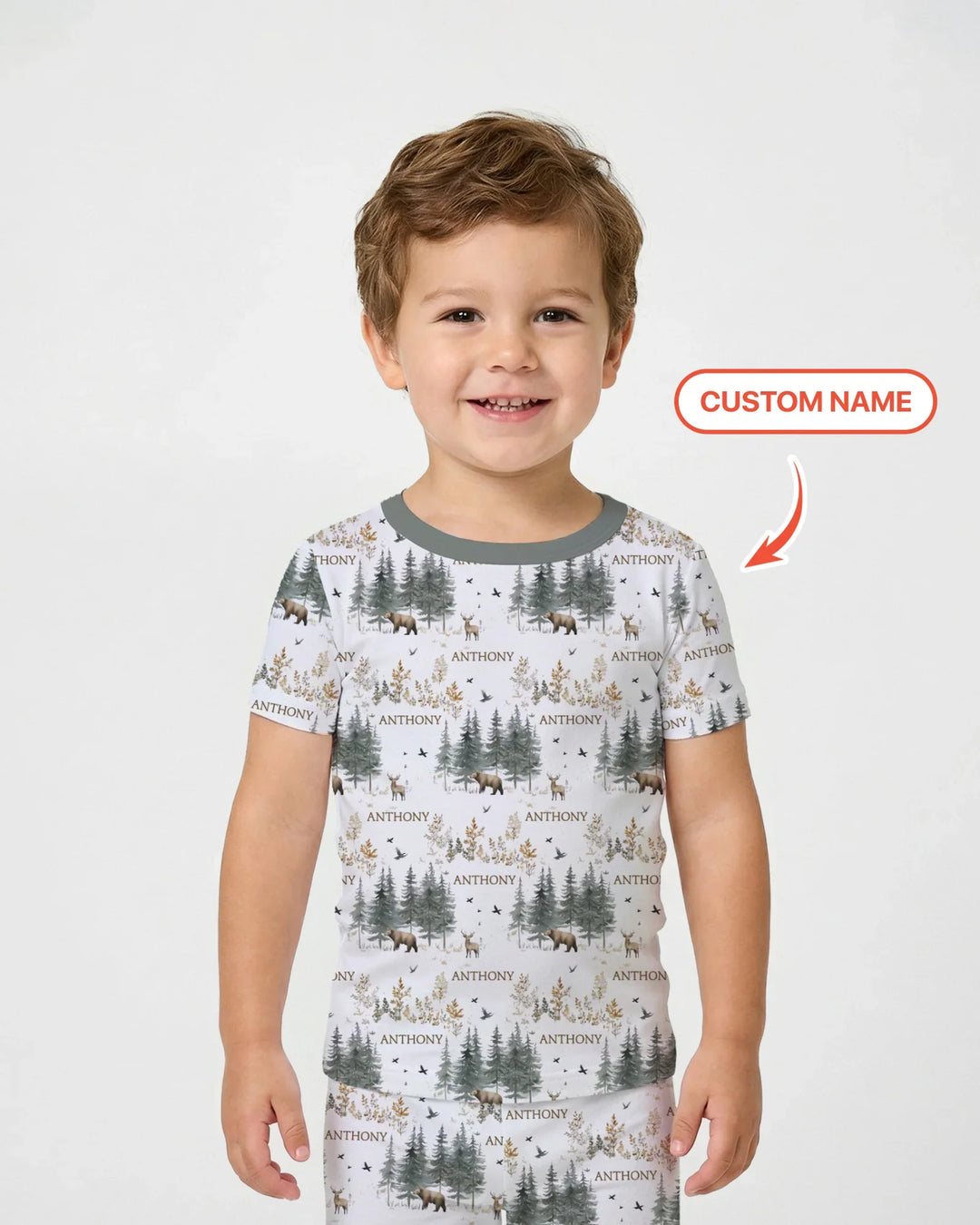 Custom Name Forest Bear Deer Bamboo Two Piece Short Sleeve Pajama Set