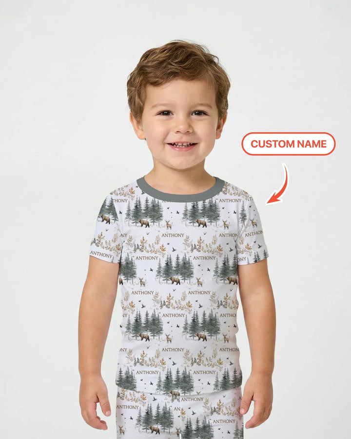 Custom Name Forest Bear Deer Bamboo Two Piece Short Sleeve Pajama Set