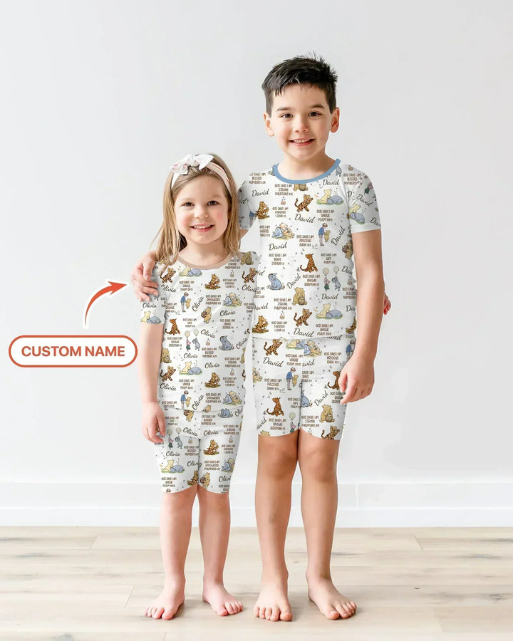 Custom Name God Says I Am Classic Bear Bamboo Two Piece Short Sleeve Shorts Pajama Set