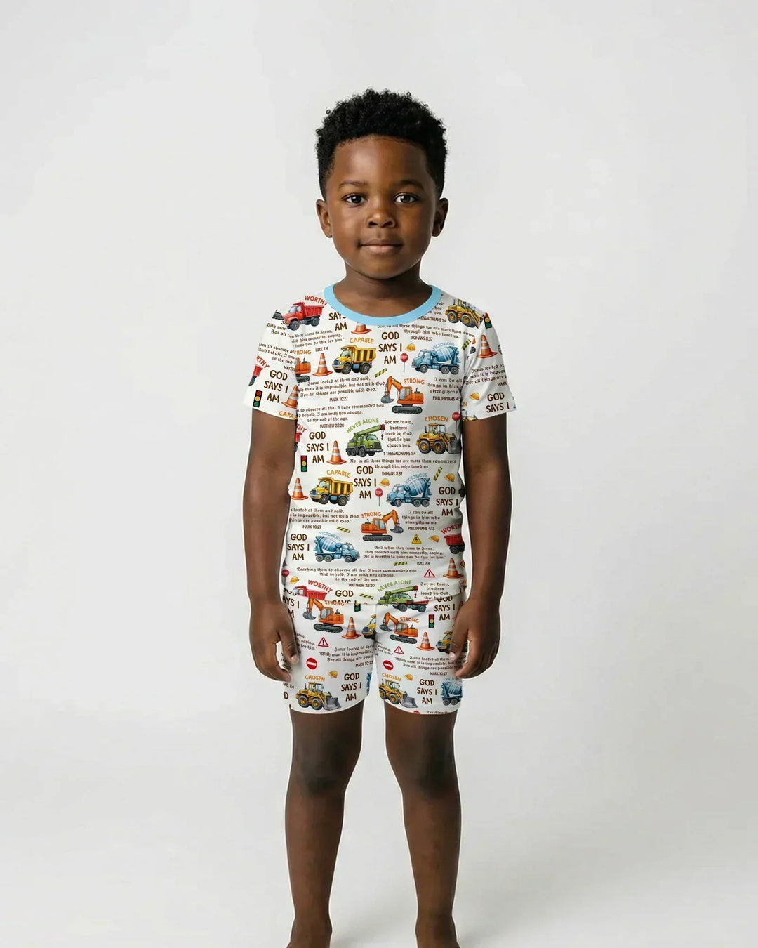 Bible Verse Construction Trucks Bamboo Two Piece Short Sleeve Shorts Pajama Set