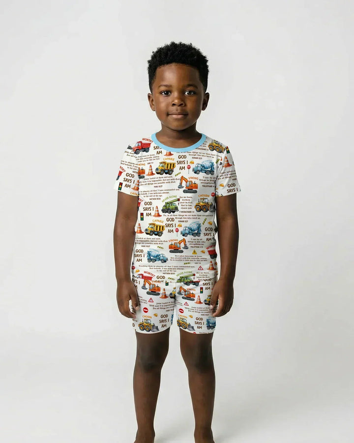 Bible Verse Construction Trucks Bamboo Two Piece Short Sleeve Shorts Pajama Set