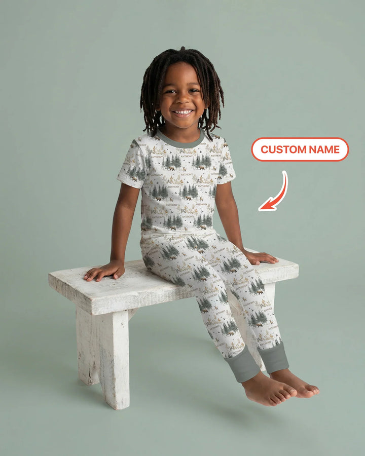 Custom Name Forest Bear Deer Bamboo Two Piece Short Sleeve Pajama Set
