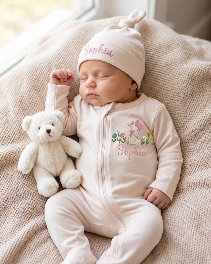 Custom Name Sweet Duckling Garden Embroidered Bamboo Zipper Footie