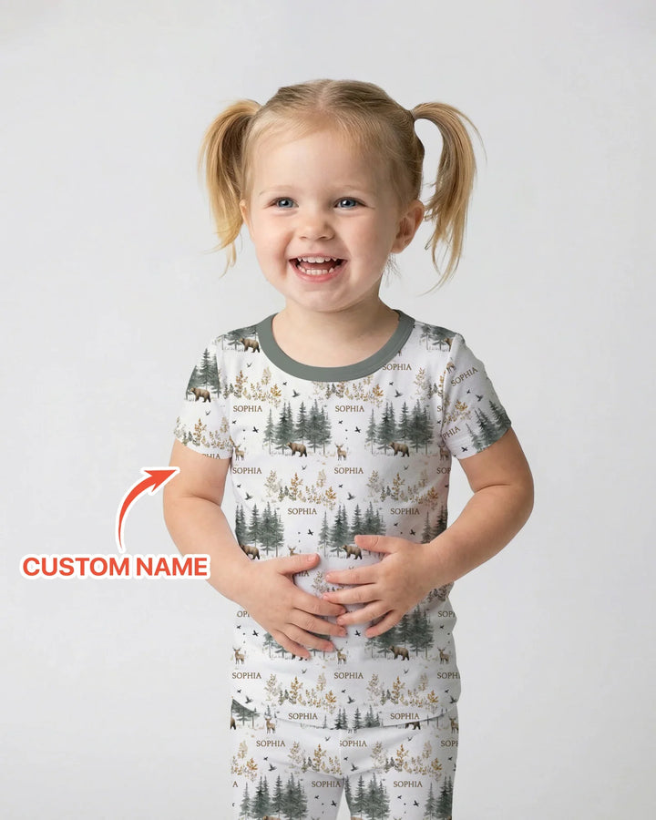 Custom Name Forest Bear Deer Bamboo Two Piece Short Sleeve Pajama Set