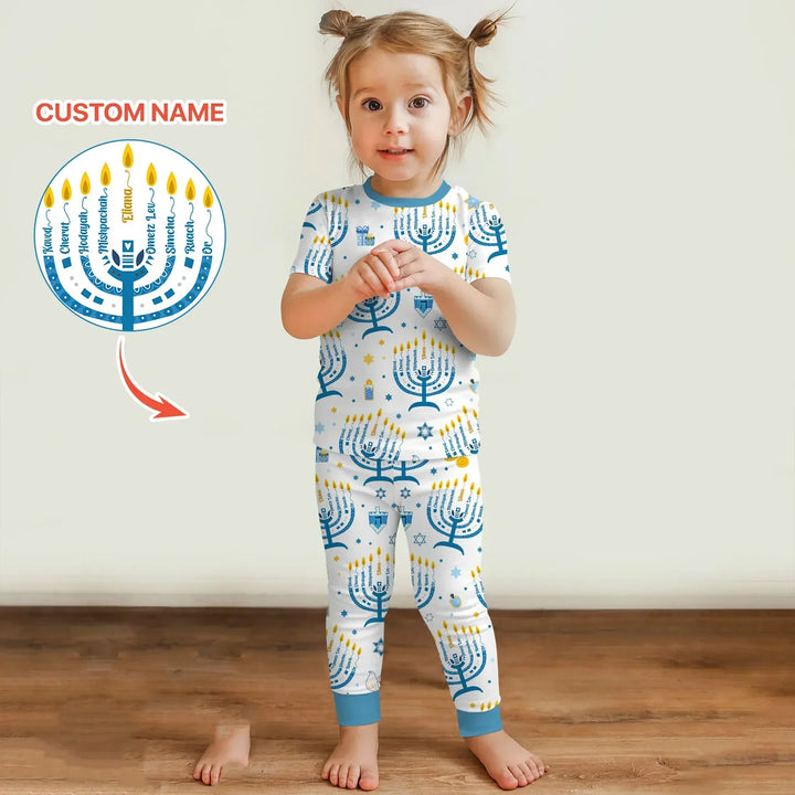 Hanukkah Custom Name Bamboo Two Piece Short Sleeve Pajama Set