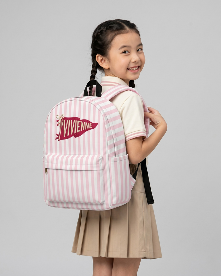 Custom Name Embroidered Pennant Pink Striped Backpack