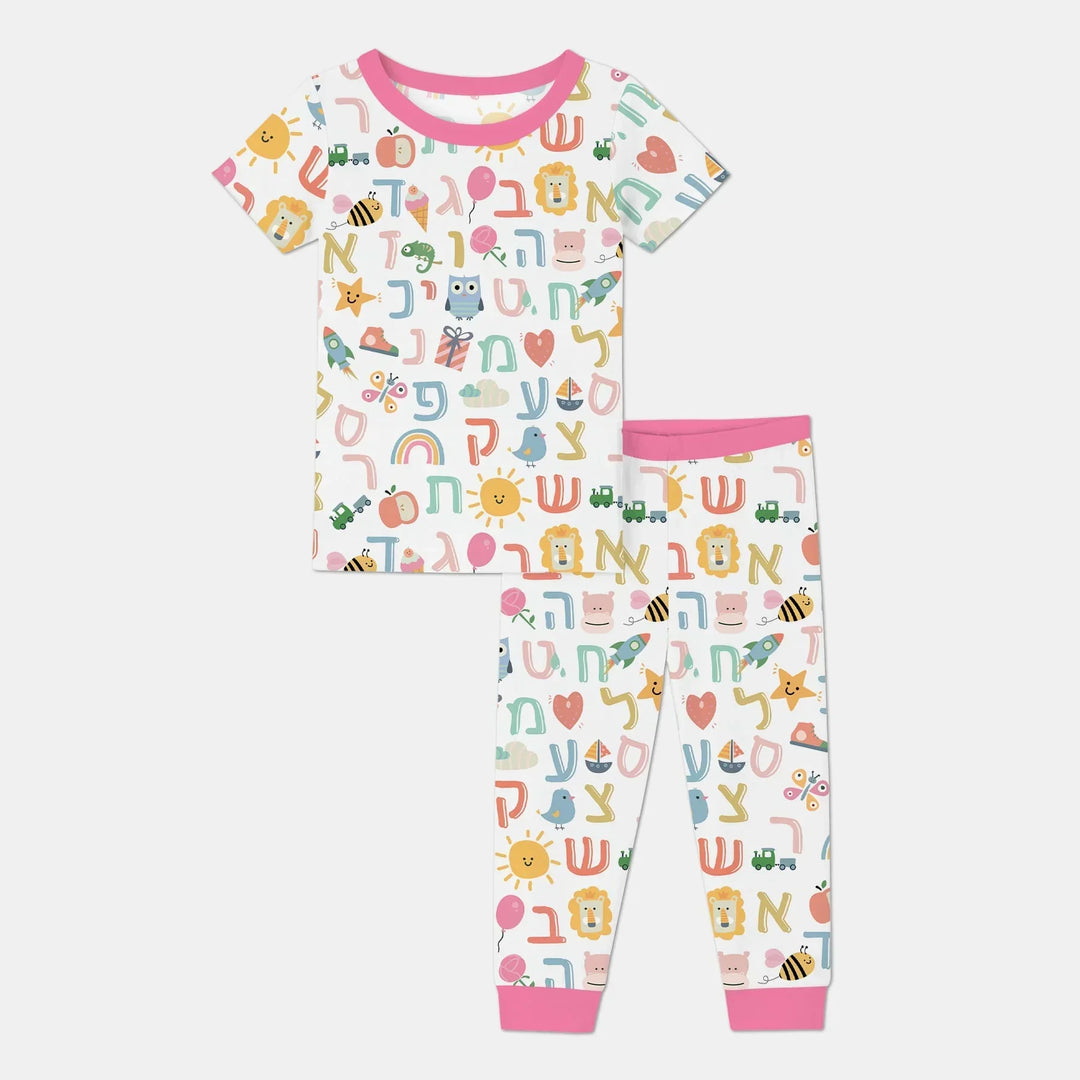 Hebrew Alphabet Two Piece Short Sleeve Pajama Set , Hebrew Alphabet Two Piece Short Sleeve Pajama Set - 12-18M / Pink