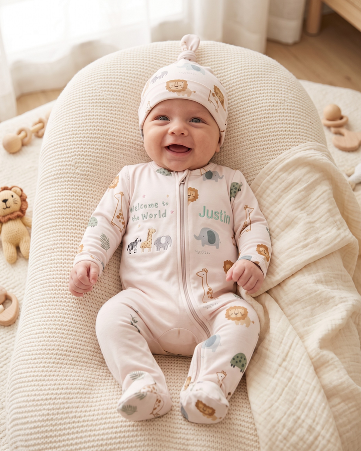 Little Safari Friends Embroidered Bamboo Zipper Footie