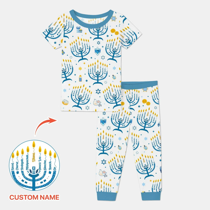 Hanukkah Custom Name Bamboo Two Piece Short Sleeve Pajama Set