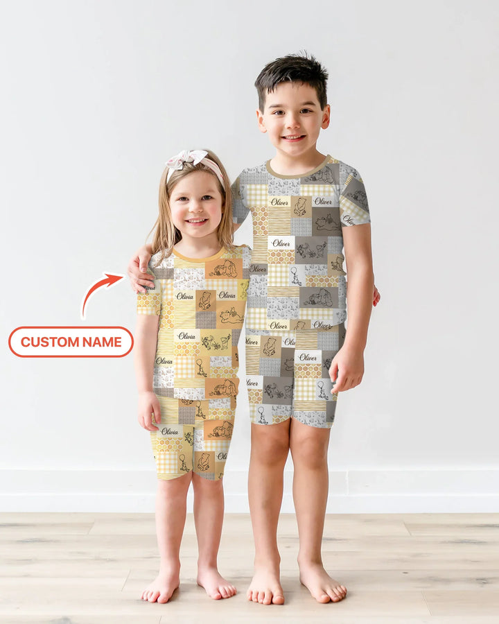 Personalized Classic Bear Patchwork  Bamboo Two Piece Short Sleeve Shorts Pajama Set