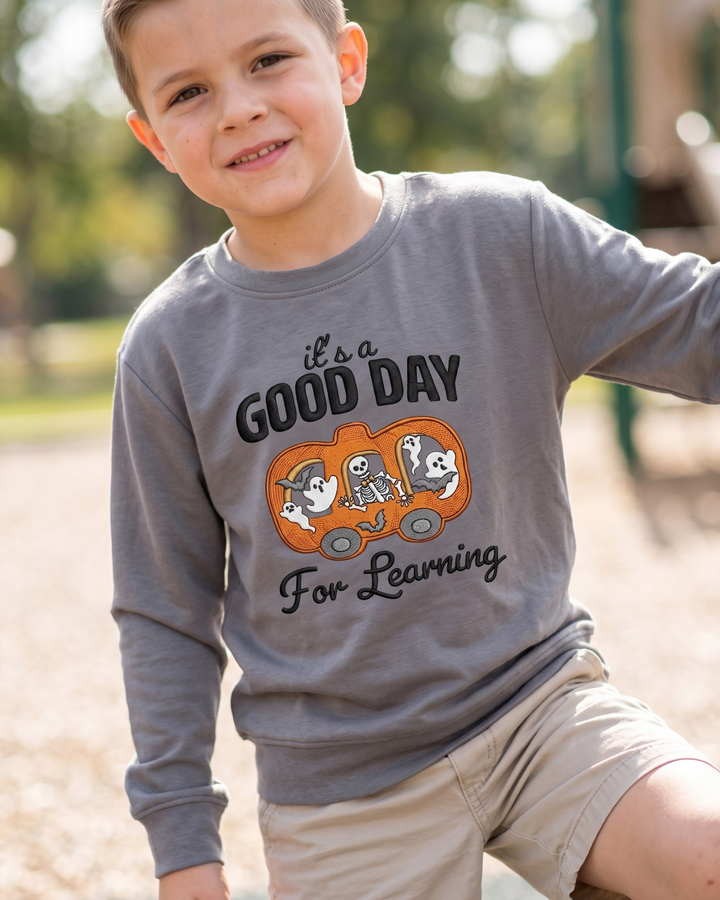 Pumpkin School Bus Embroidered Bamboo Crewneck Sweatshirt