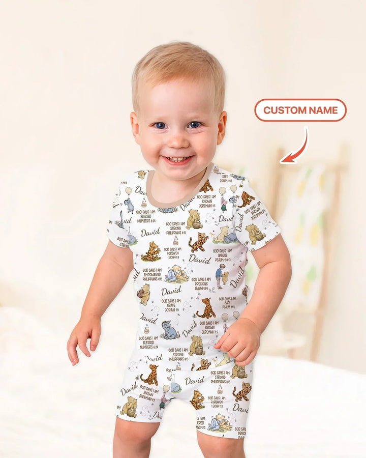 Custom Name God Says I Am Classic Bear Bamboo Two Piece Short Sleeve Shorts Pajama Set