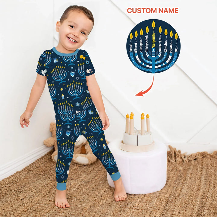 Hanukkah Custom Name Bamboo Two Piece Short Sleeve Pajama Set