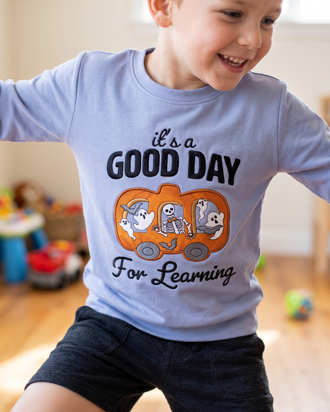 Pumpkin School Bus Embroidered Bamboo Crewneck Sweatshirt