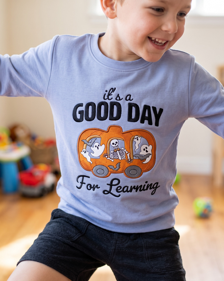 Pumpkin School Bus Embroidered Bamboo Crewneck Sweatshirt