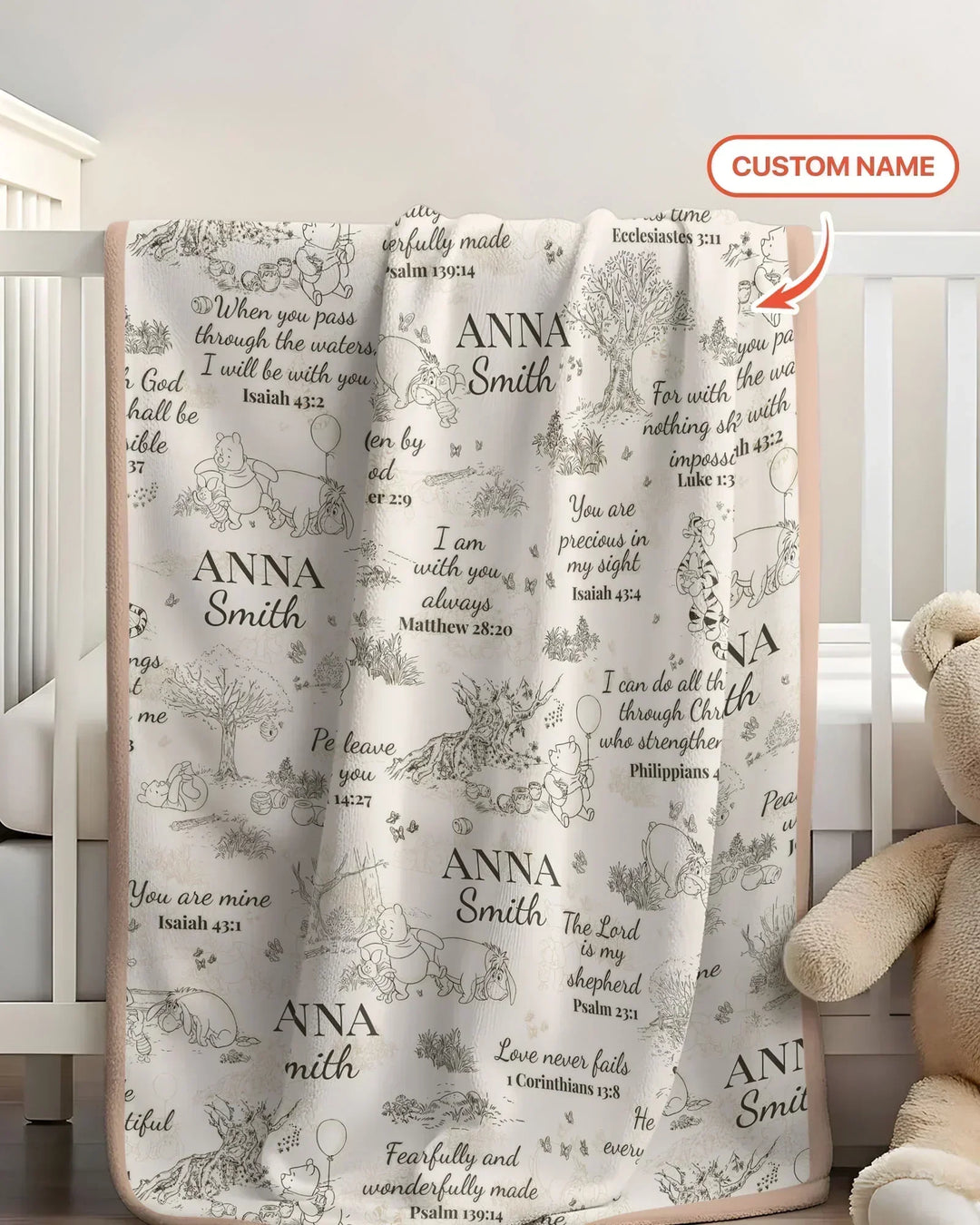 Classic Bear Bible Verse Custom Name Bamboo Blanket