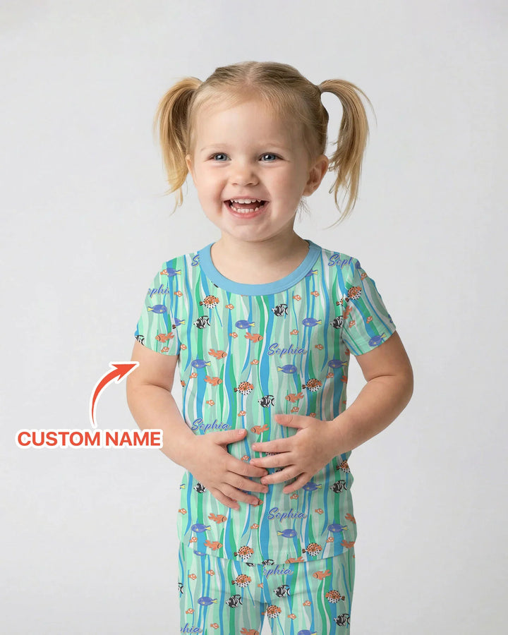 Custom Name Summer Beach Bamboo Two Piece Short Sleeve Pajama Set