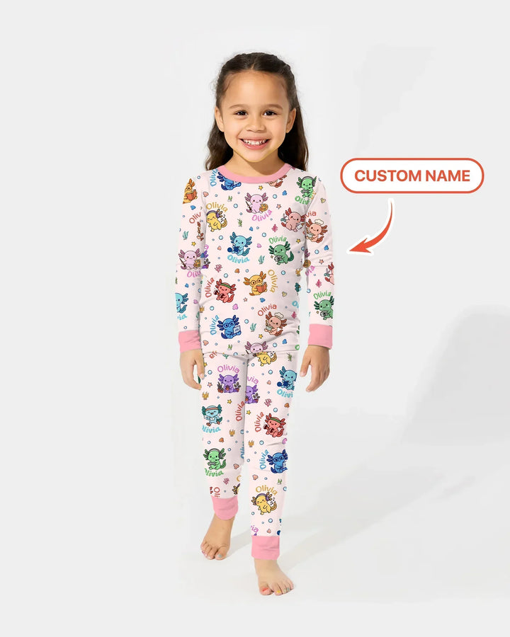 Custom Name Cute Hobby Axolotl Bamboo Two Piece Long Sleeve Pajama Set