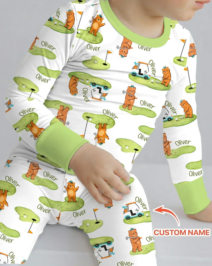 Custom Name Little Bear Golf Club Bamboo Two Piece Long Sleeve Pajama Set