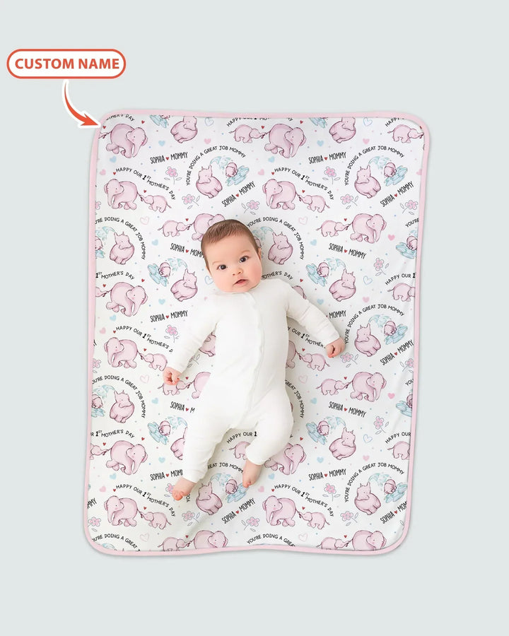Custom Name Mother & Baby Elephant Bamboo Blanket