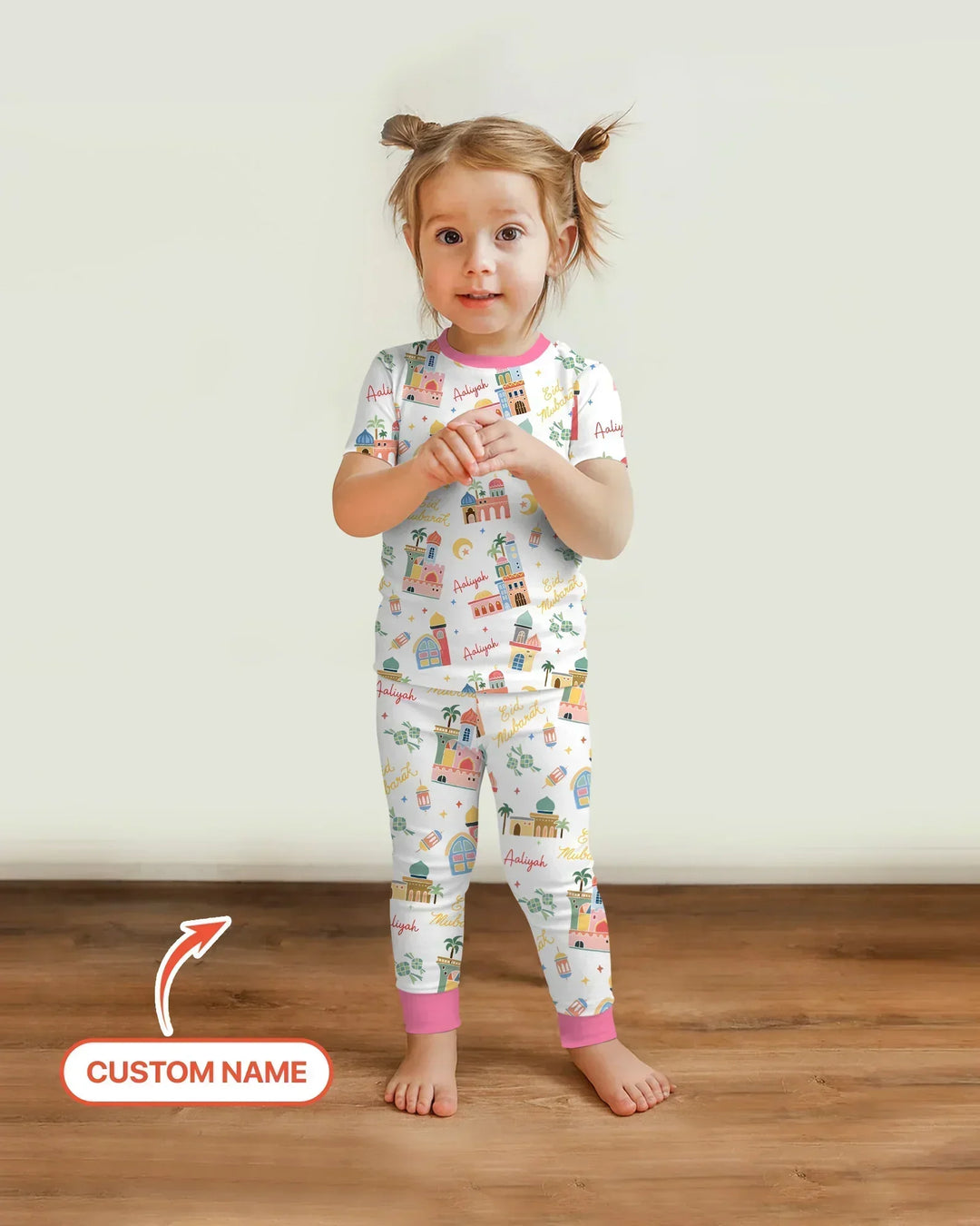 Eid Mubarak Custom Name Bamboo Two Piece Short Sleeve Pajama Set