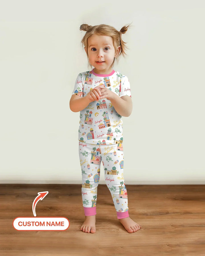 Eid Mubarak Custom Name Bamboo Two Piece Short Sleeve Pajama Set