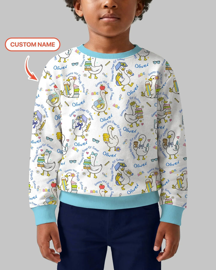 Custom Name Goose Happy 100 Days Of School Bamboo Crewneck Sweatshirt